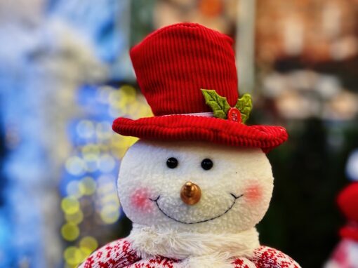 a snowman wearing a red hat and scarf